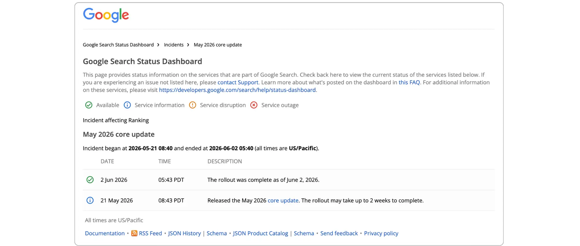 Google Search Status Dashboard showing May 2026 core update rollout dates and confirmation