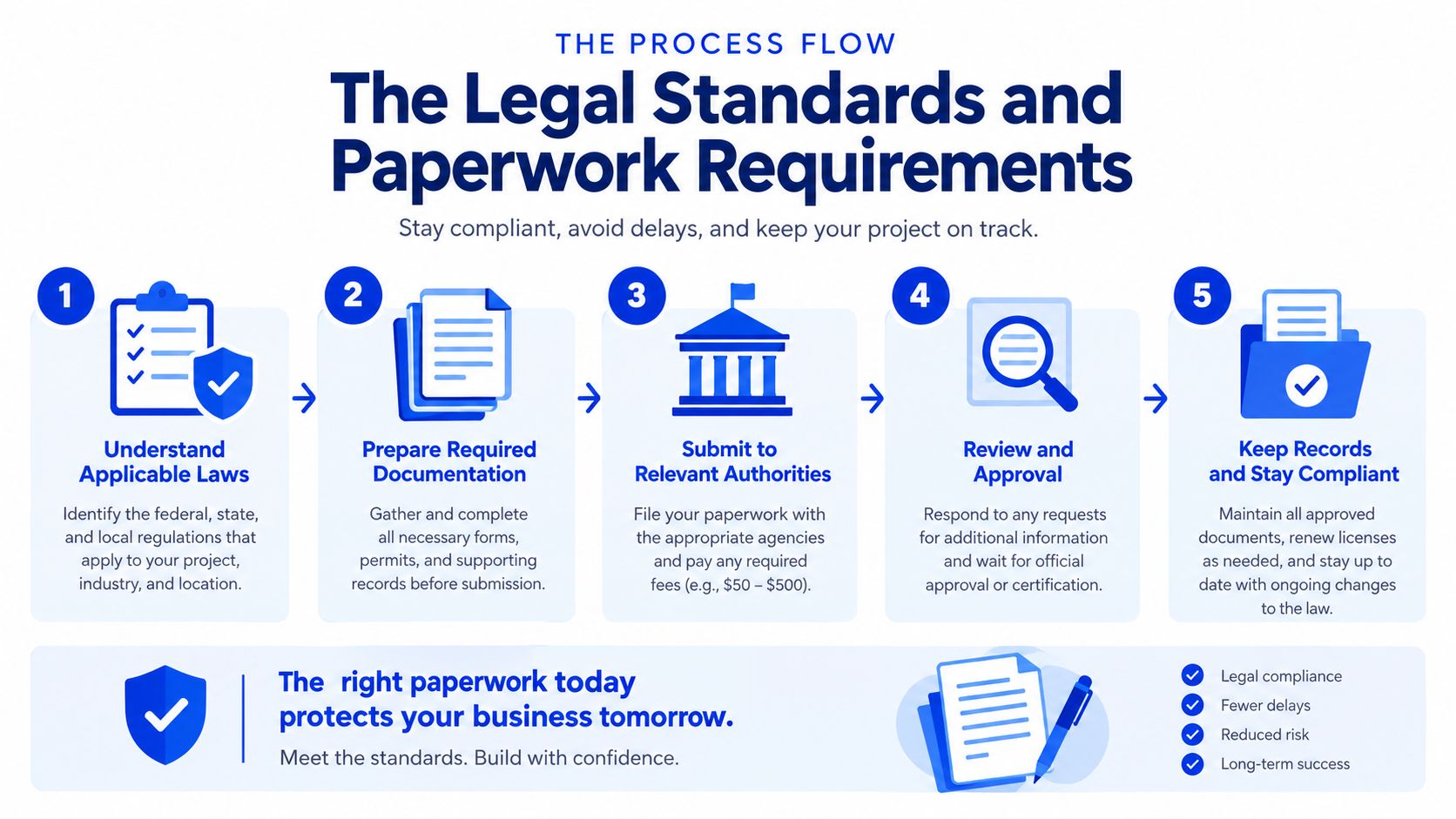 A five-step process flow infographic detailing how to ensure legal compliance and manage required business paperwork.
