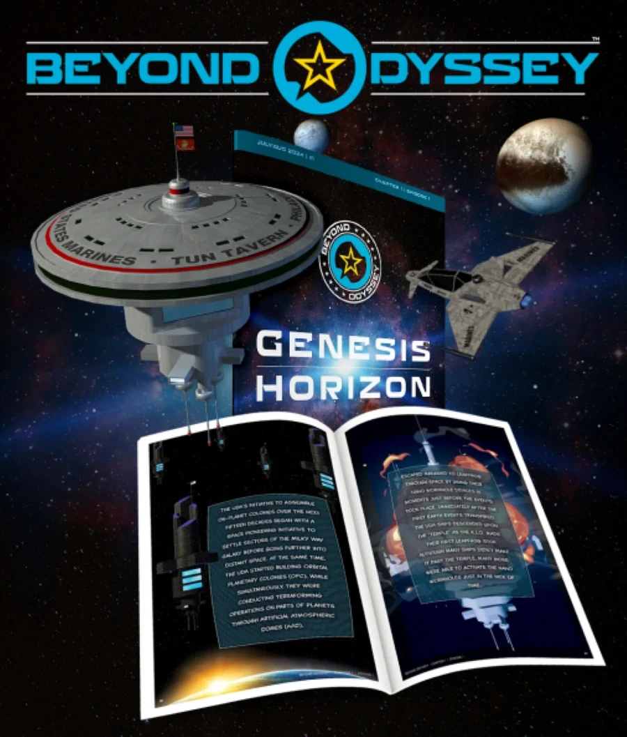 Illustrated design for "Beyond Odyssey: Genesis Horizon" featuring a futuristic space station, a starship, and an open book with sci-fi themed pages, set against a backdrop of stars and planets in outer space.