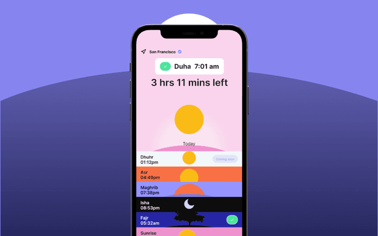 Prayerly App dashboard: 5 daily prayers and their timings. Real-time timer for current salah based on location.