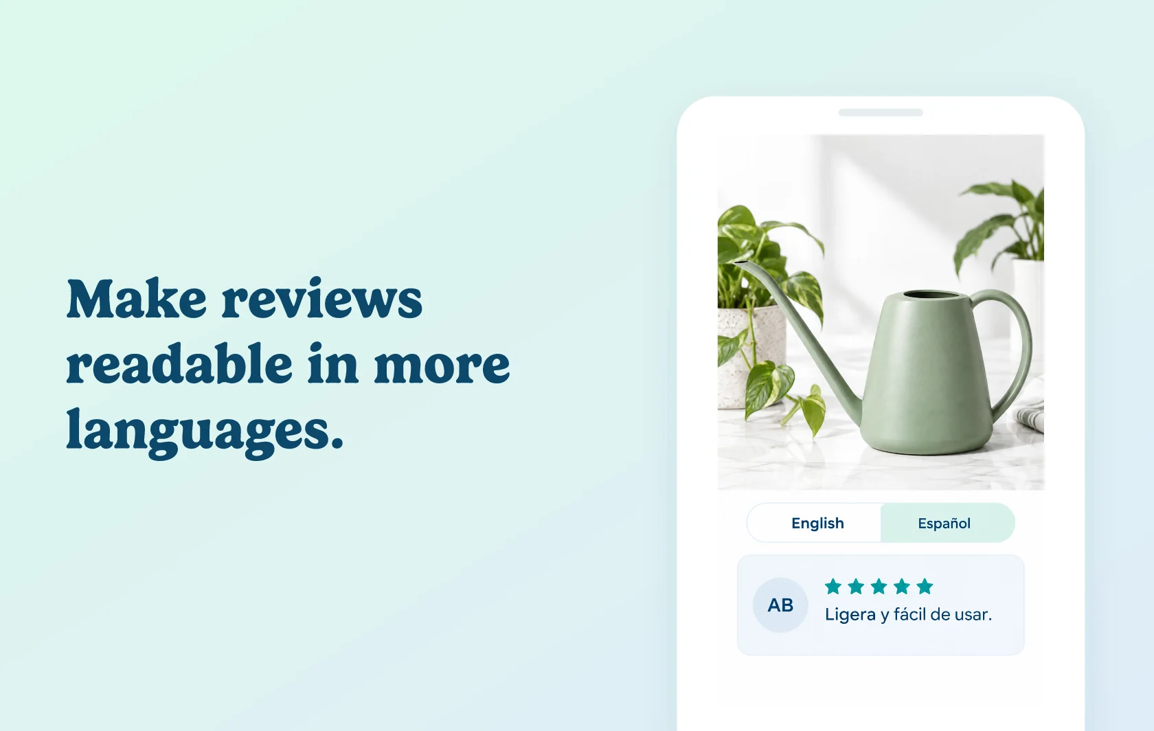 Judge.me and Hextom integration: illustration of a watering-can review in Spanish with Español selected.