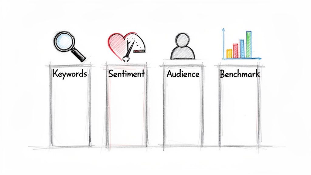 Four icons representing Keywords, Sentiment, Audience, and Benchmark for social media analysis.