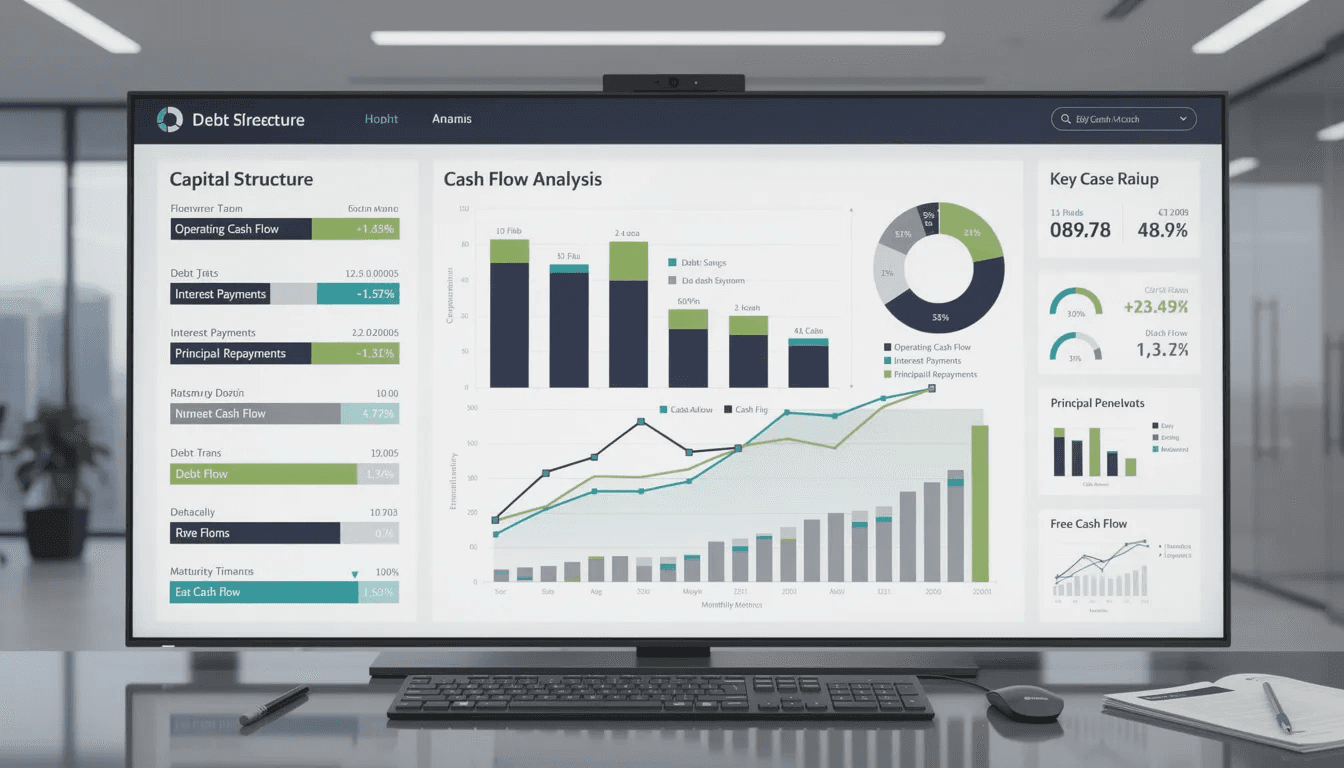 The image displays various financial charts and graphs illustrating the debt structure and cash flow analysis, essential components for evaluating private equity investment criteria. These visuals highlight key metrics such as cash flow, debt payments, and financial performance, which are critical for private equity firms assessing portfolio companies and their growth potential.