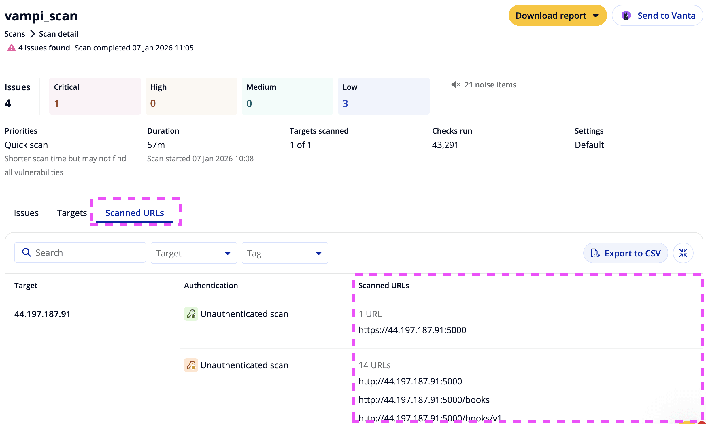 Intruder scan-detail view showing the scanned-URL inventory and CSV export