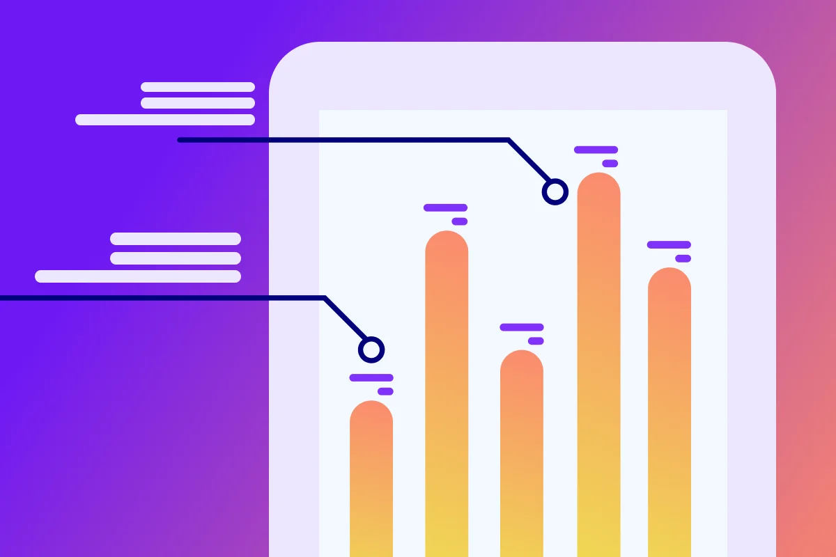 Bar chart with rising orange bars on a purple gradient background, showcasing data trends or performance metrics.