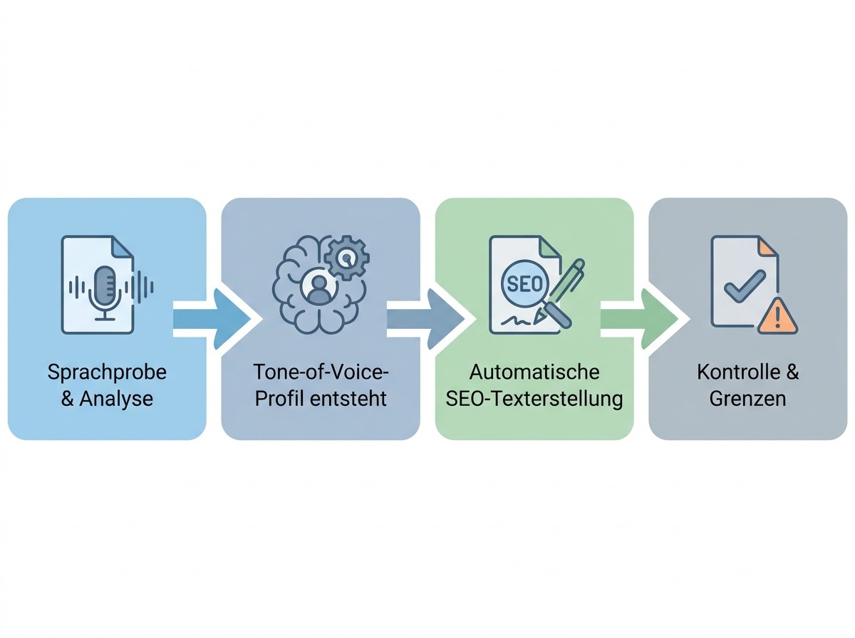 Ablaufdiagramm: Prozess-Erklärung, wie eine KI-Software die Sprache eines Unternehmens analysiert und in automatisch erstellten SEO-Texten übernimmt