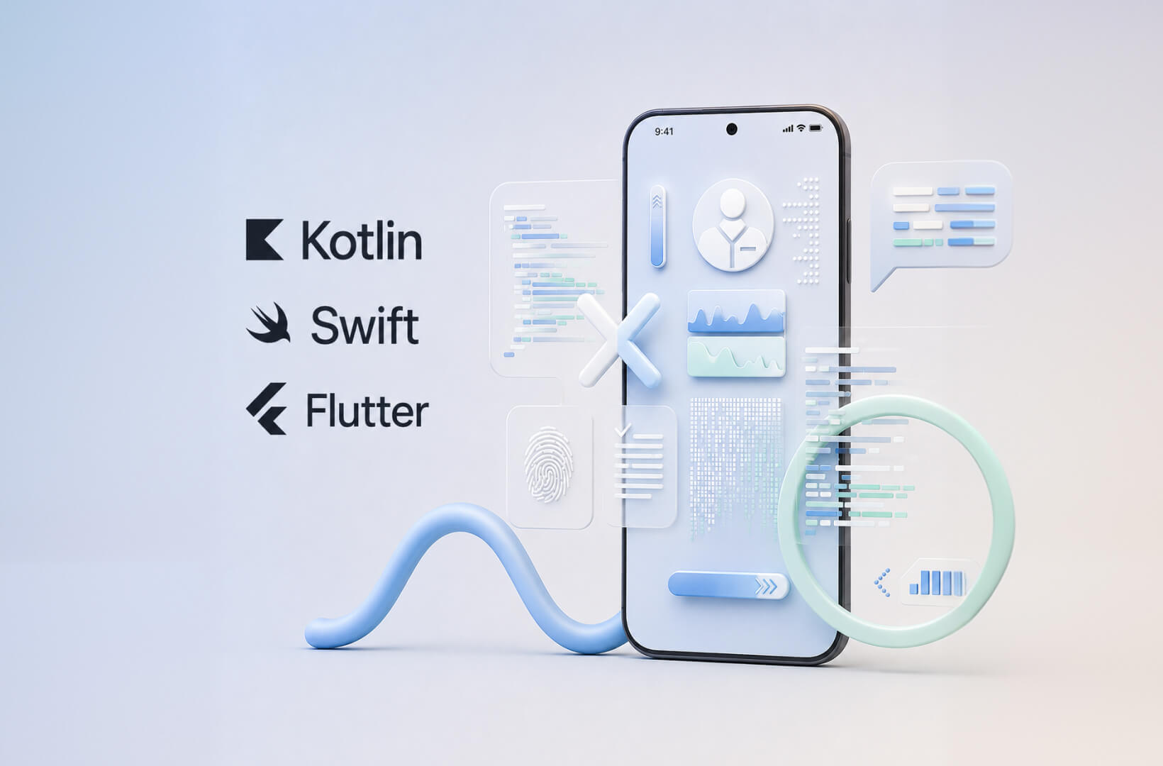Mobile app development concept with Kotlin, Swift and Flutter logo