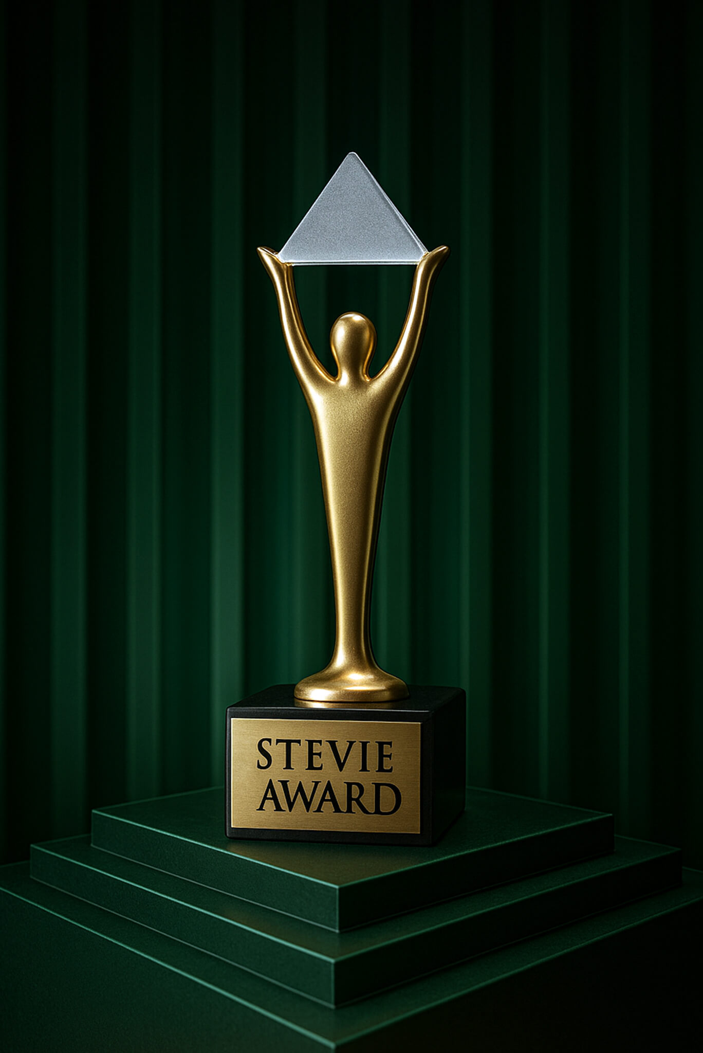 Gold Stevie Award trophy with triangular top on a green pedestal and dark green vertical striped background.