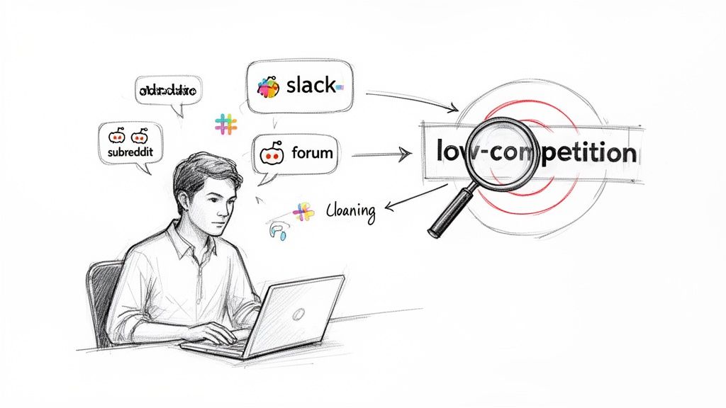 Person researching online communities like Reddit, Slack, and forums with laptop, seeking low-competition opportunities.