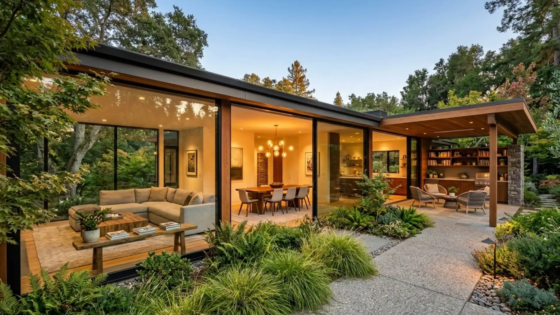 Modern home exterior with a landscaped patio at dusk