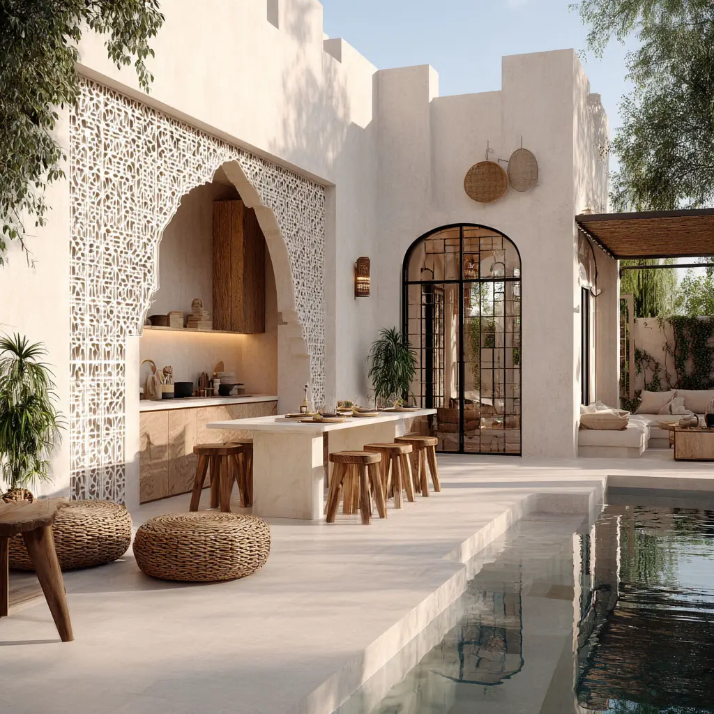 Eine ruhige Außenterrasse, eingefangen in atemberaubender 3D-Darstellung, verfügt über eine elegante Küche mit aufwendigen Gitterwerken, Holzhockern, einem Steintisch, geflochtenen Poufs und einem Pool für eine entspannte, mediterran inspirierte Atmosphäre.