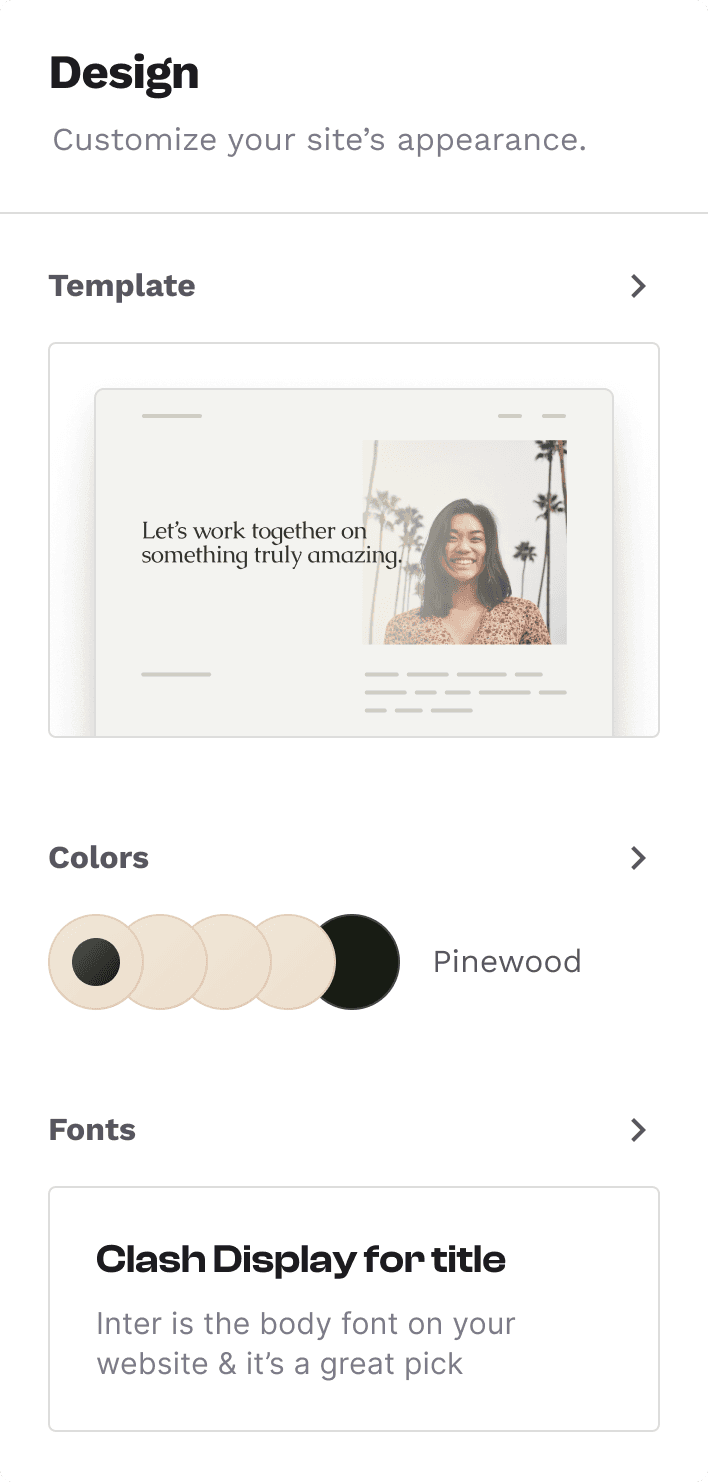 The design panel of Copyfolio, a website builder for social media marketers. It shows the elements you can customize for your site: its website template, color palette, and font presets.