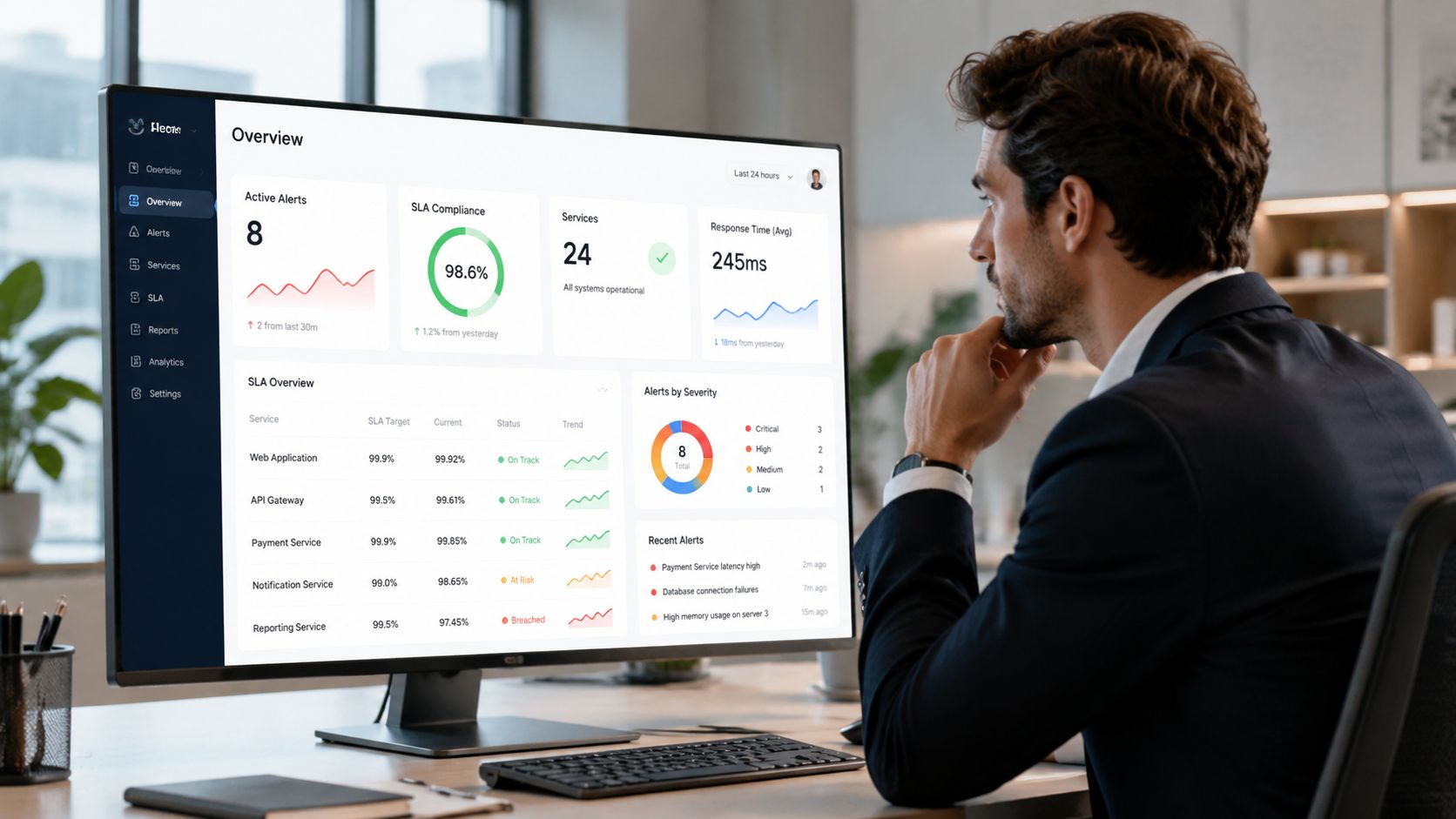 A professional man in a suit looks at a digital dashboard displaying real-time system performance monitoring metrics.