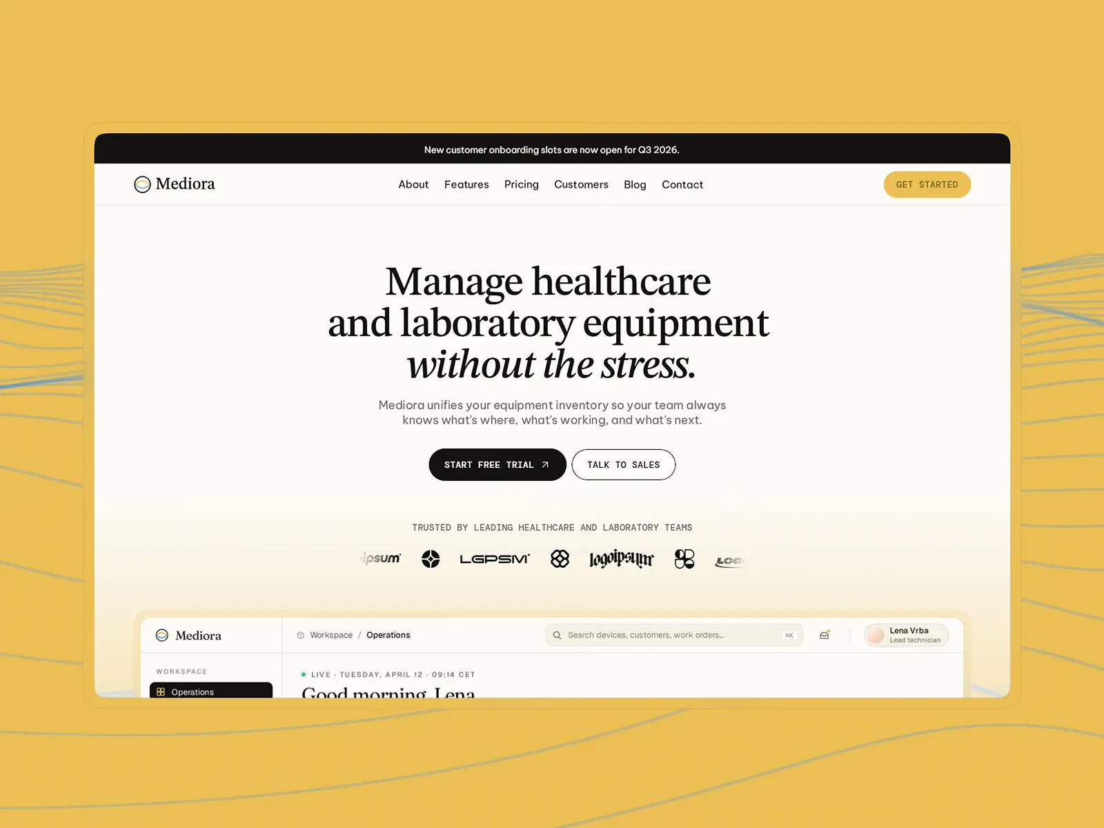 Mediora healthcare equipment management Framer template with a clean editorial layout and medical inventory platform interface.