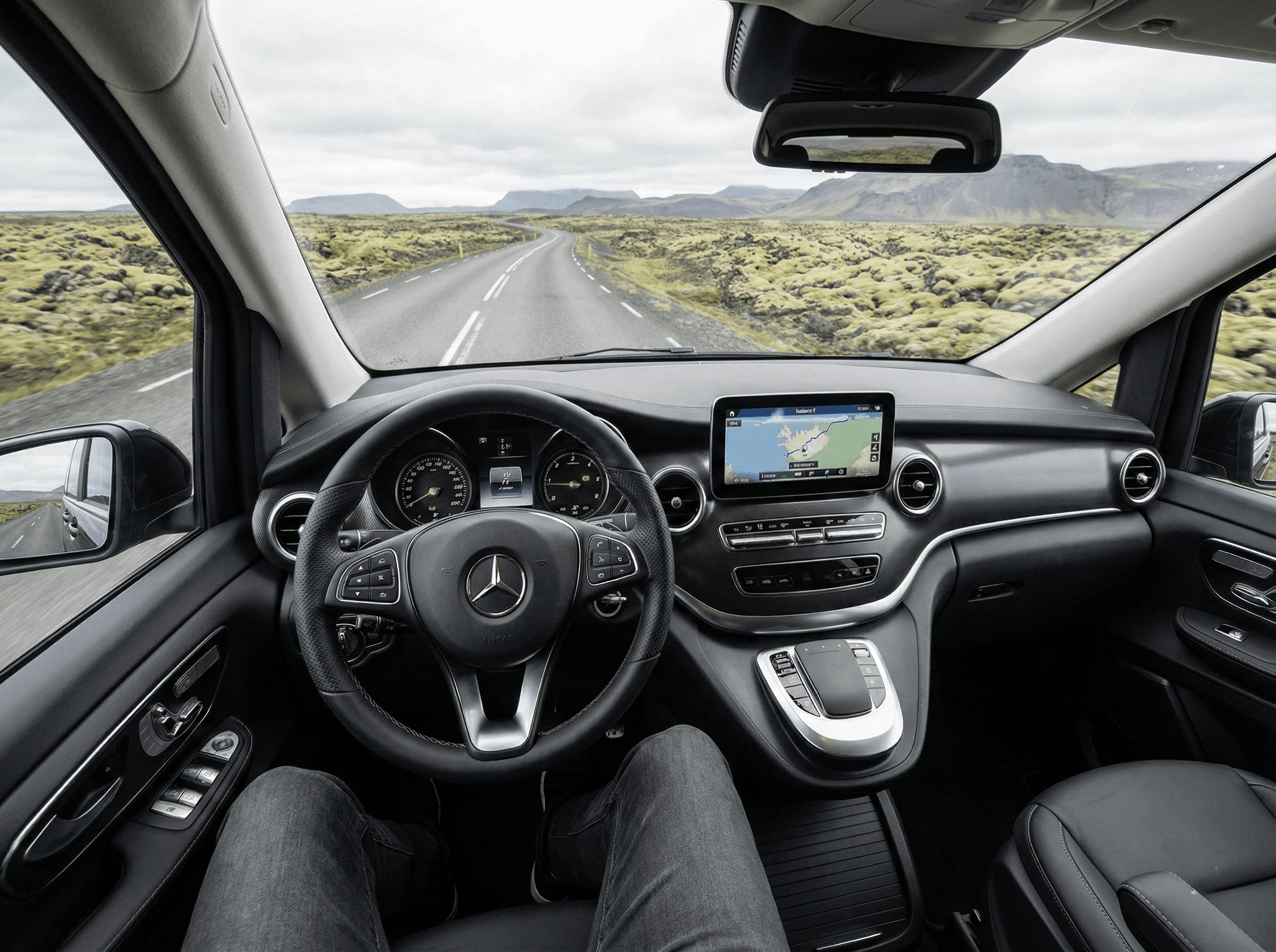 View from the driver's seat looking out at a paved road winding through a mossy lava field.