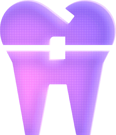Minimalistic tooth icon with braces on a gradient pink-to-purple grid background, representing orthodontics.