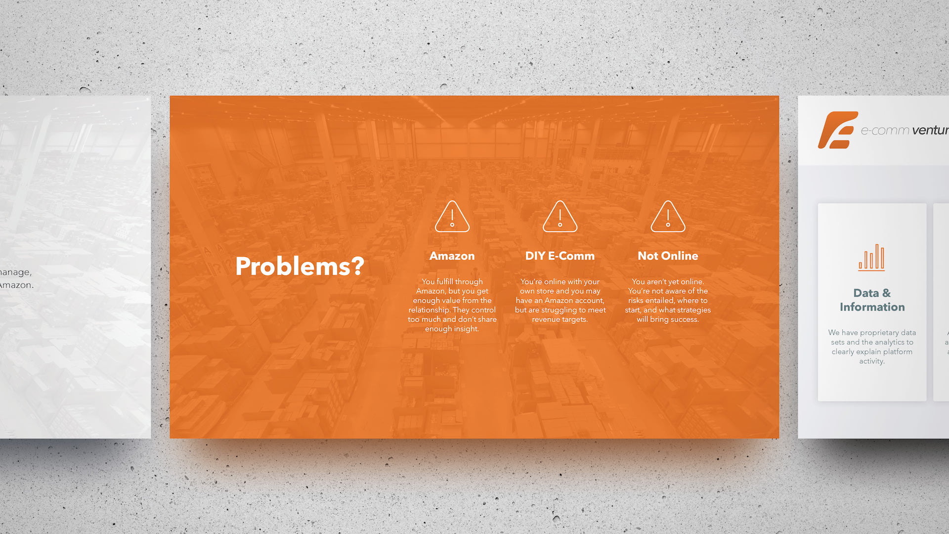 E-Comm Ventures problems slide with bold orange background highlighting three e-commerce seller pain points: Amazon fulfillment limitations, DIY e-commerce struggles, and barriers for businesses not yet online, featuring warning icon illustrations.