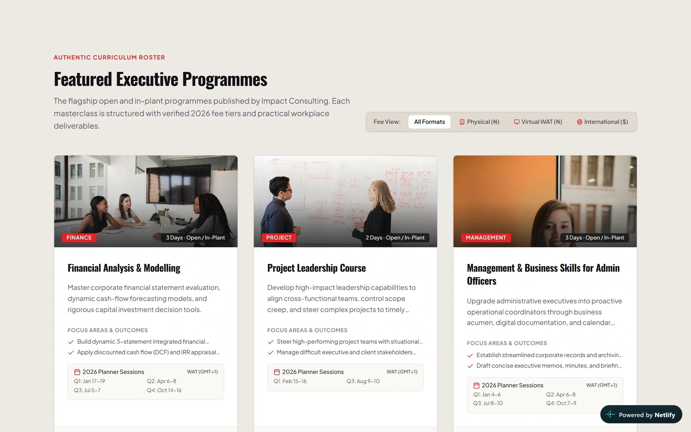 Featured Executive Programmes interface in the independent redesign