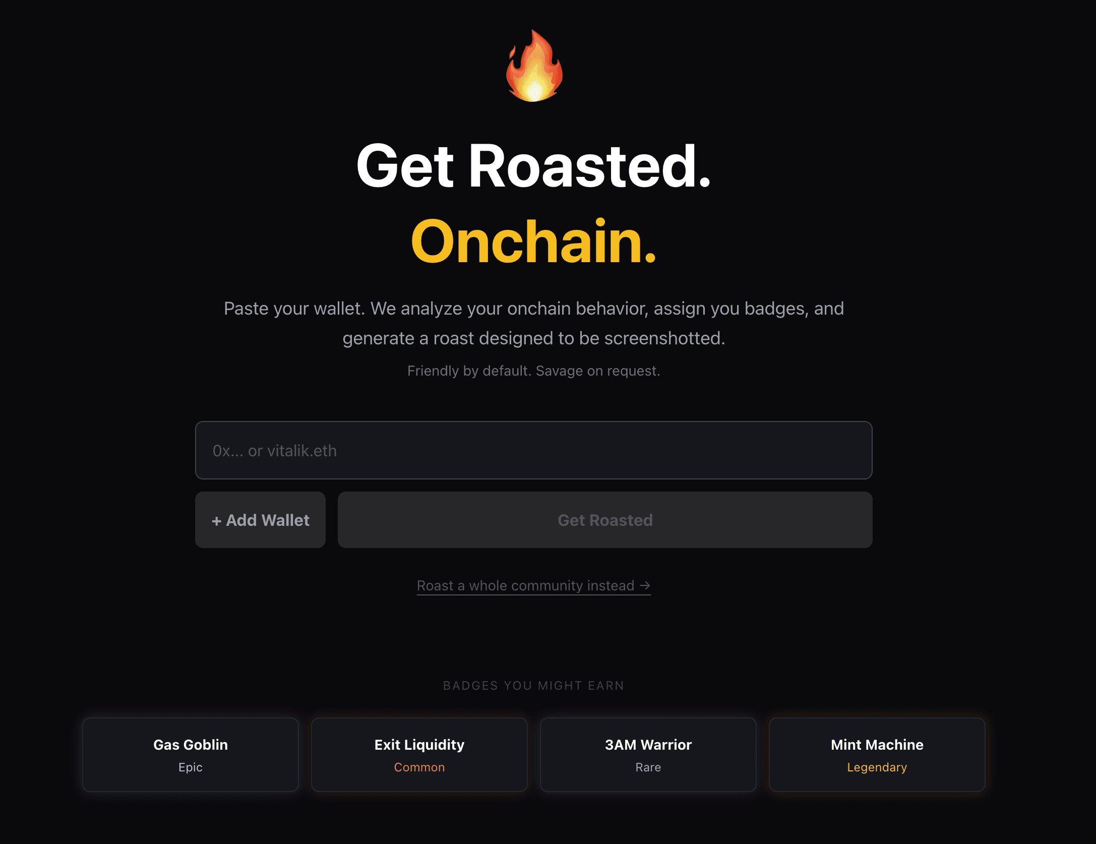 RoastMyWallet product screen showing wallet analysis with badge details.
