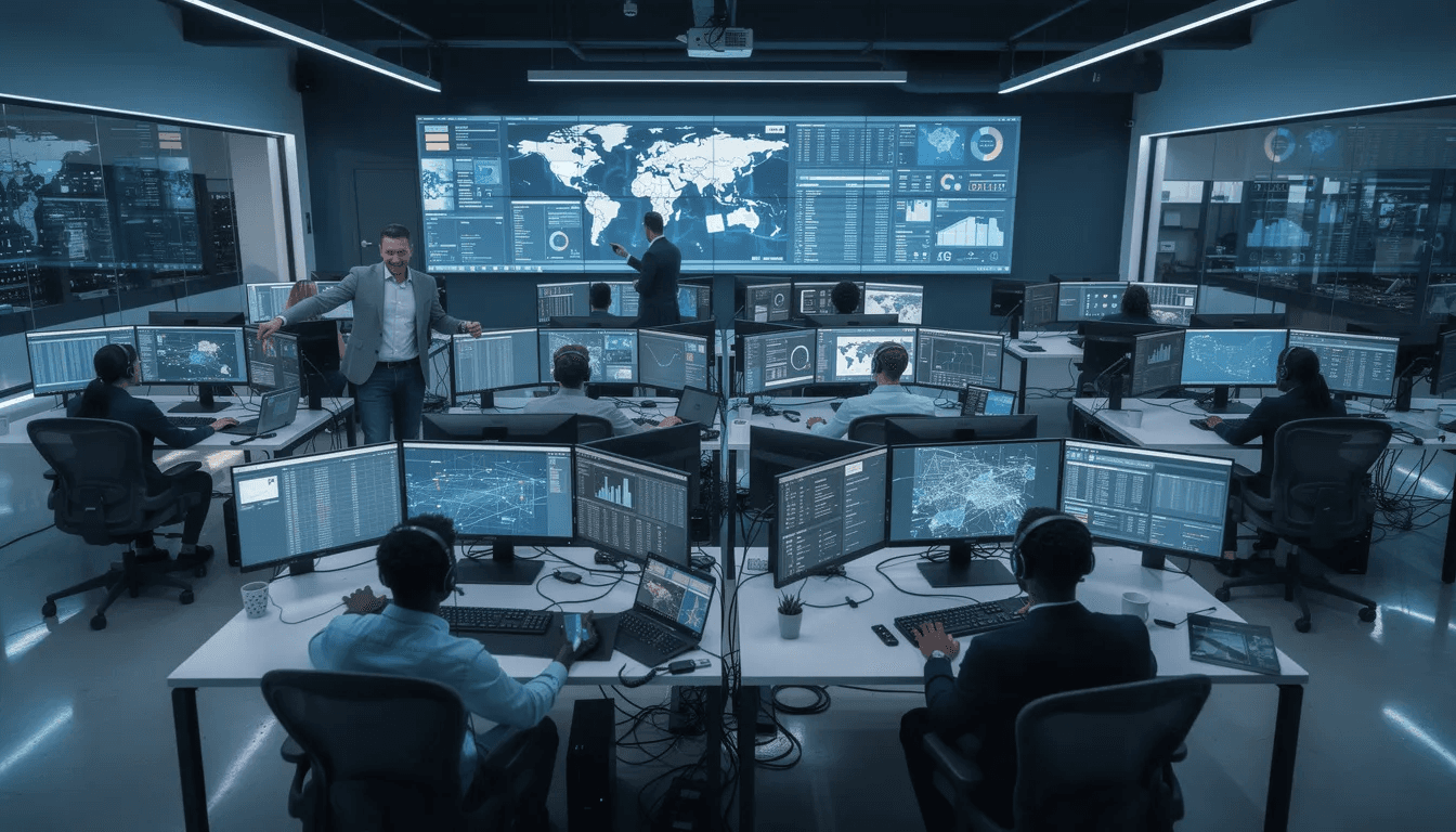 In a modern network operations center, IT professionals are actively monitoring physical hardware and digital infrastructure, ensuring optimal performance and security across various data centers. They are managing connectivity and internet traffic, utilizing cloud-based solutions, and leveraging digital technologies to enhance efficiency and meet the demands of businesses and their customers.