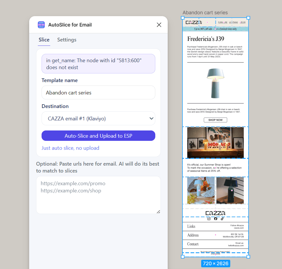 AutoSlice plugin in action, slicing images from an email design built in Figma.