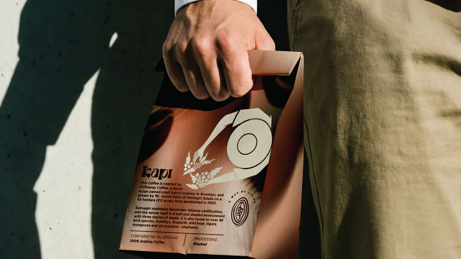 A person holds a stylish, eco-friendly coffee bag featuring minimalist design elements and informative text, casting a shadow on the textured background; keywords: eco-friendly coffee bag, minimalist design.
