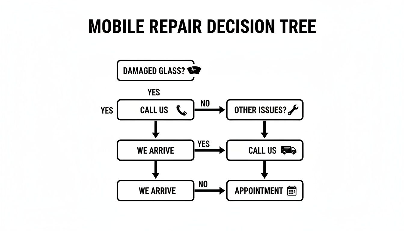 Flowchart illustrating a mobile repair decision tree for damaged glass or other phone issues.