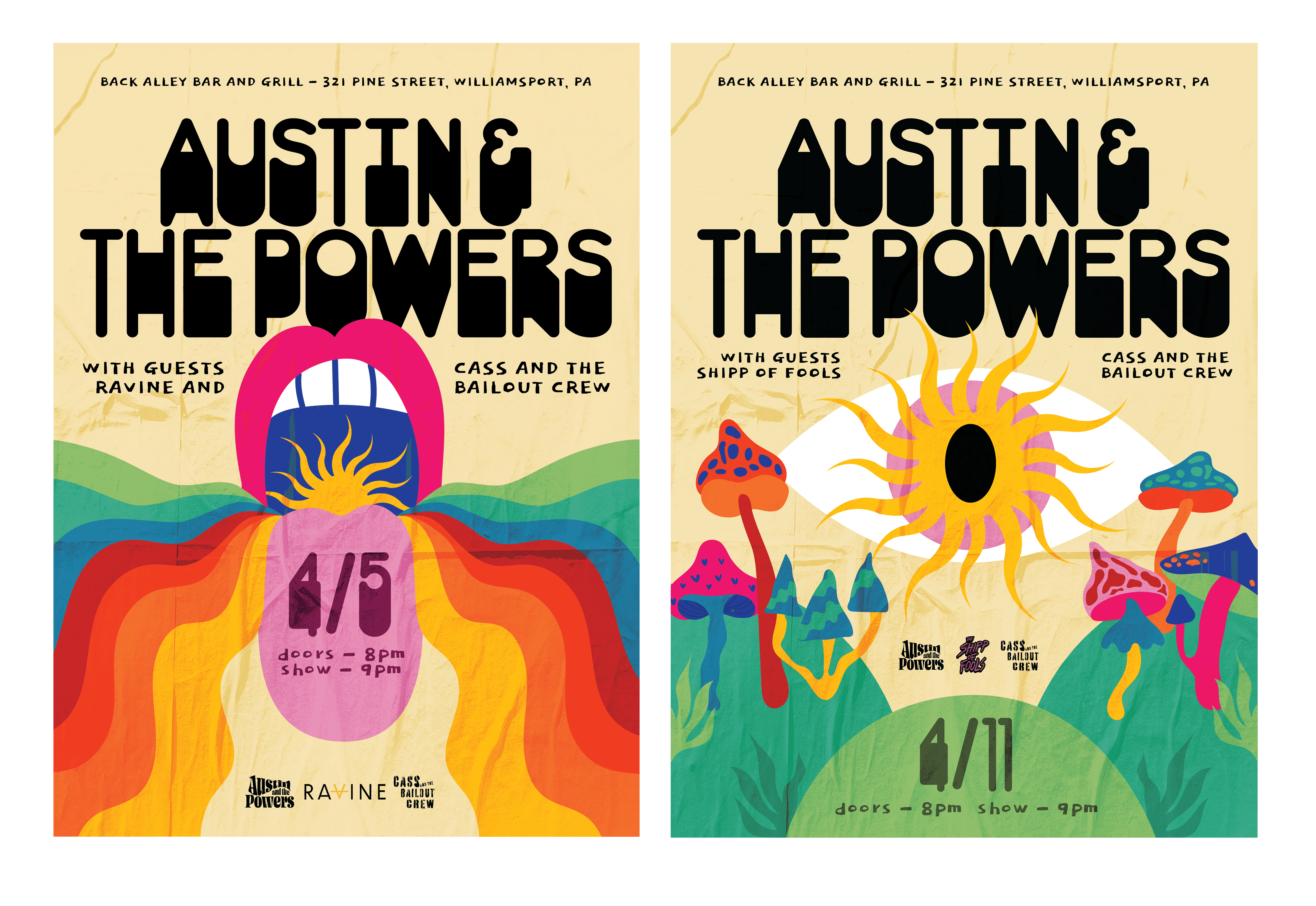 2 flat posters for austin and the powers, featuring show dates. Psychdelic and bright colors with rainbows and mushrooms