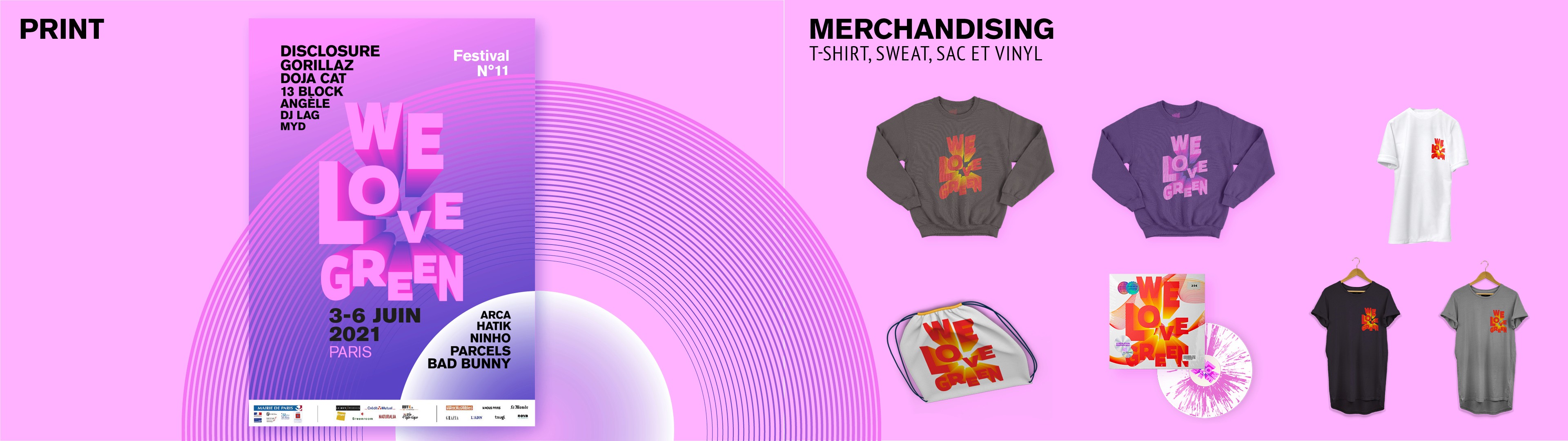 Déclinaisons de l’identité graphique du festival We Love Green