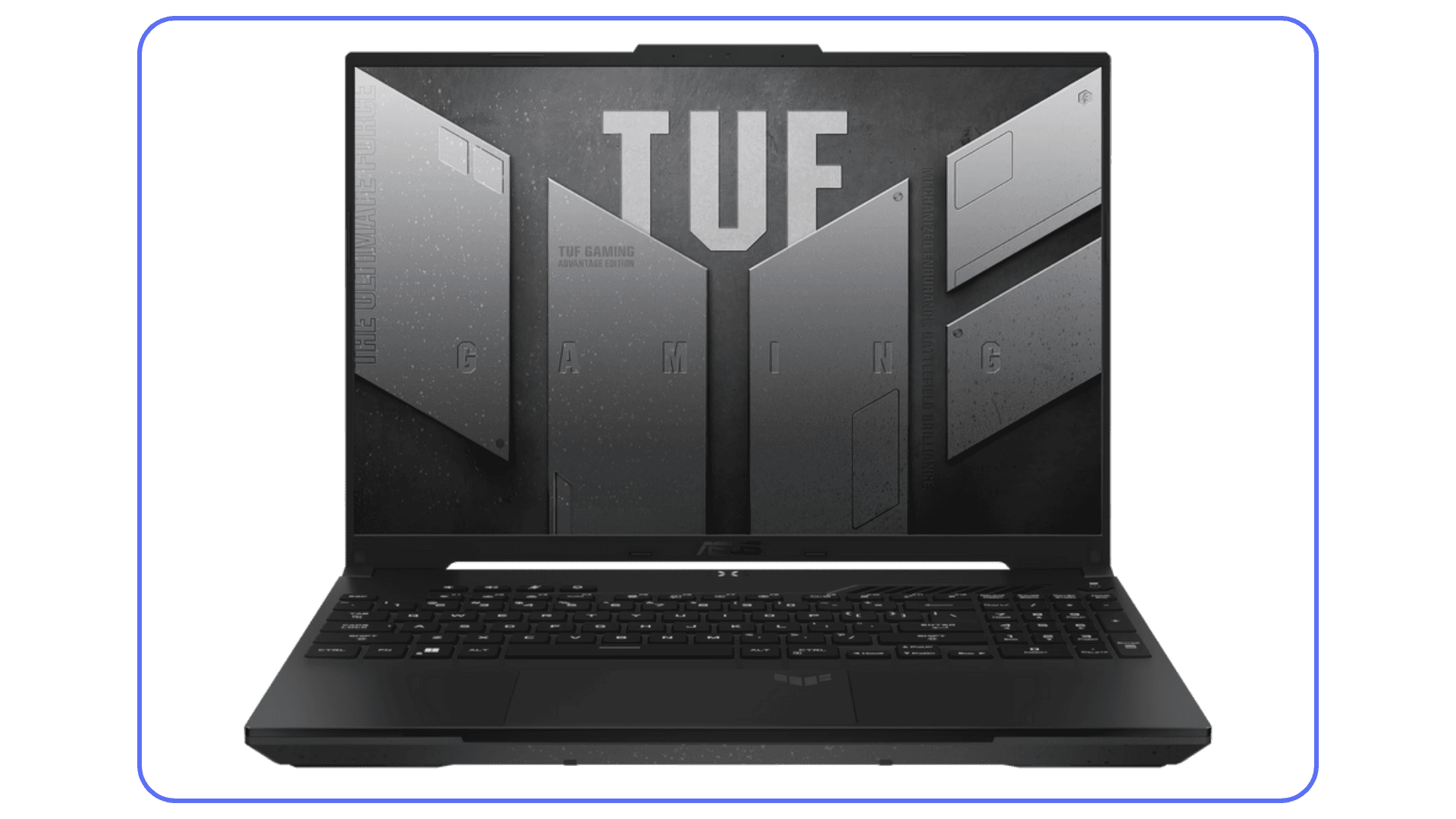 ASUS TUF Gaming laptop front view – rugged-looking TUF Gaming laptop with gray metallic theme and bold TUF logo on the screen.