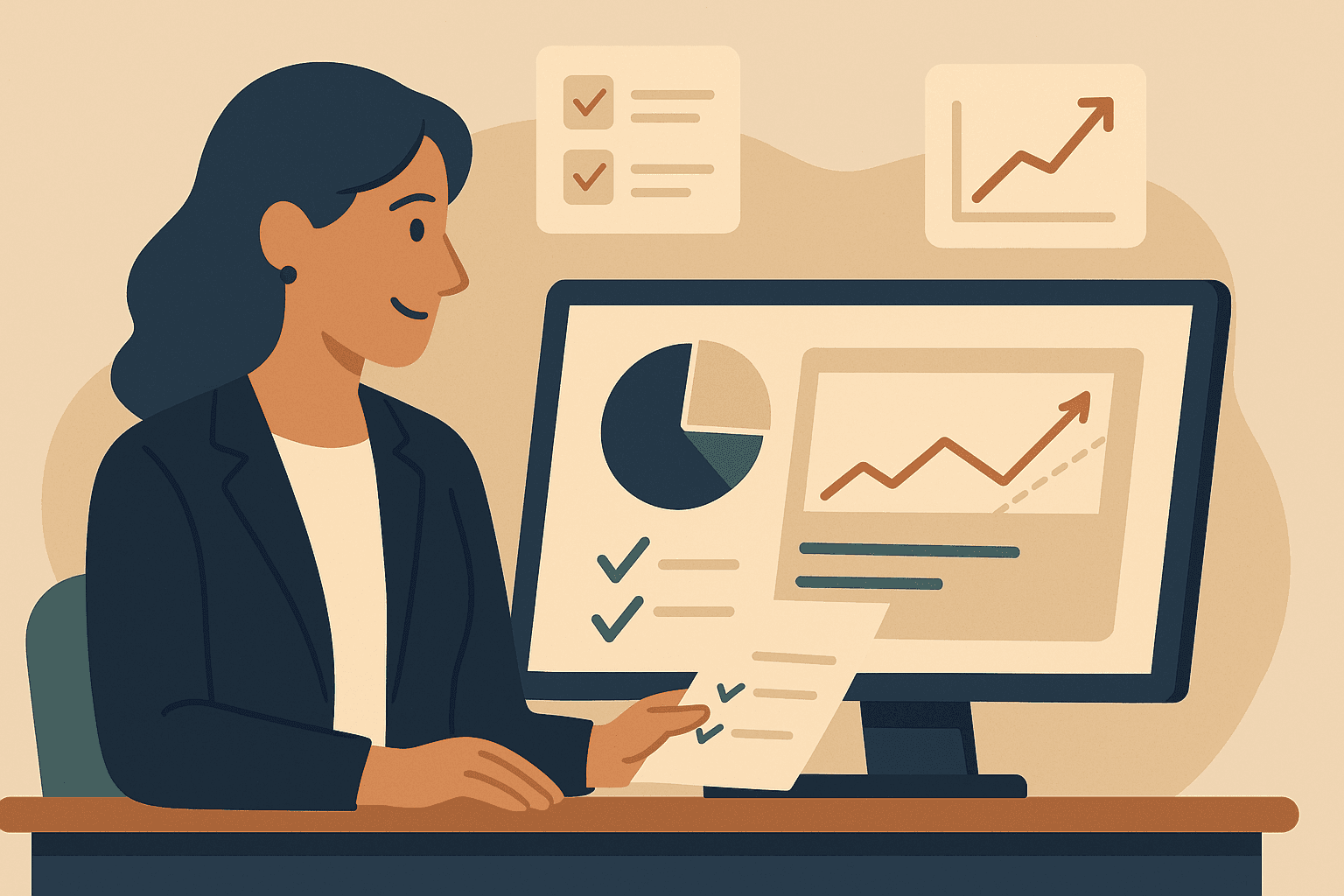 Illustration of a nonprofit leader reviewing a simplified dashboard with charts and checklists.