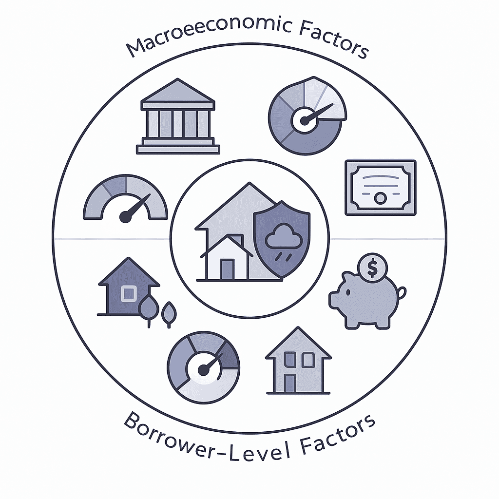 Concentric diagram of macroeconomic, borrower, and external cost factors affecting Irving mortgage rates