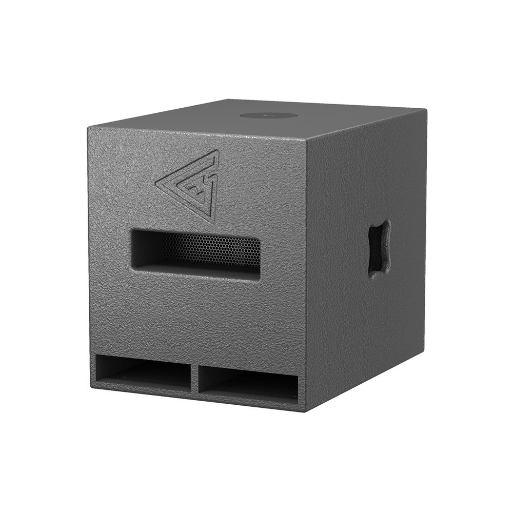 Gray cube subwoofer with logo and vents