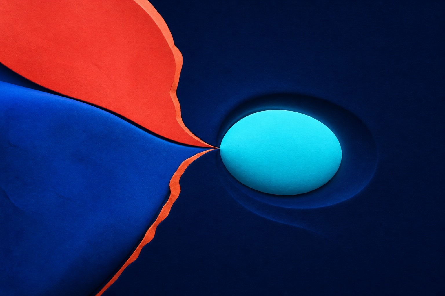 Two sculptural color fields split at an orange seam beside one calm cyan oval.