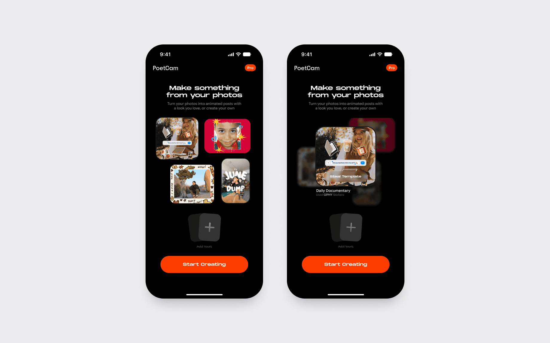 Welcome. Real examples first, then one button: Start creating.