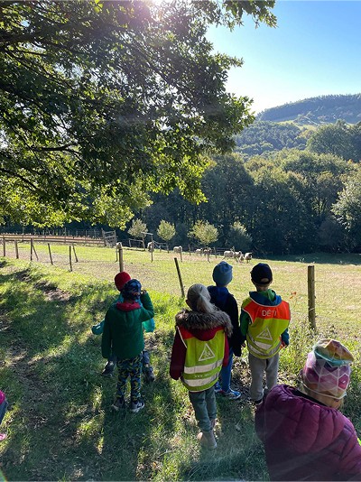 Děti v reflexních vestách na vycházce u lesa