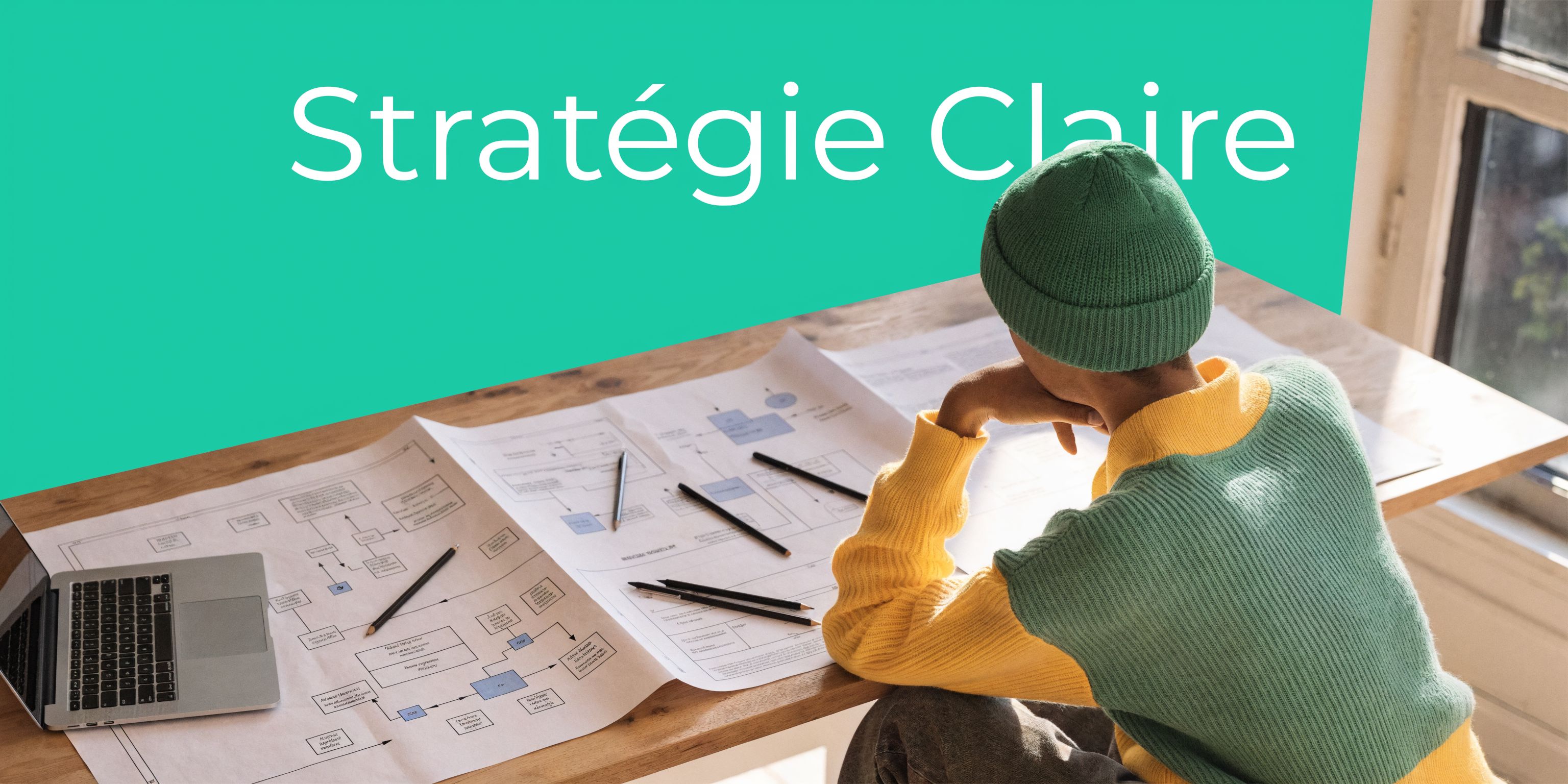 Une personne réfléchit devant des plans de stratégie détaillés étalés sur un bureau en bois clair.