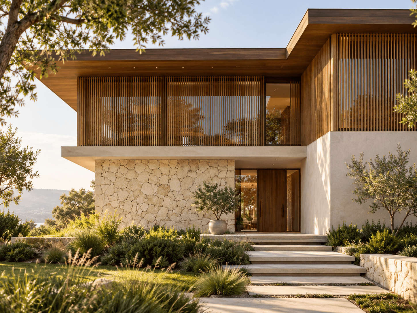 Timber screens and pale stone at a contemporary residential entrance