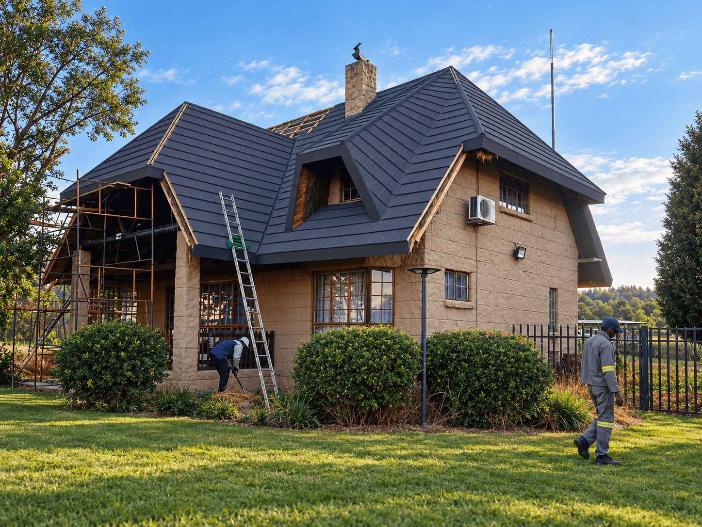 looks dope please help with alt text for this image Workers installing charcoal Harvey roof tiles over an existing thatch roof on a residential property, showcasing the roof conversion process.
