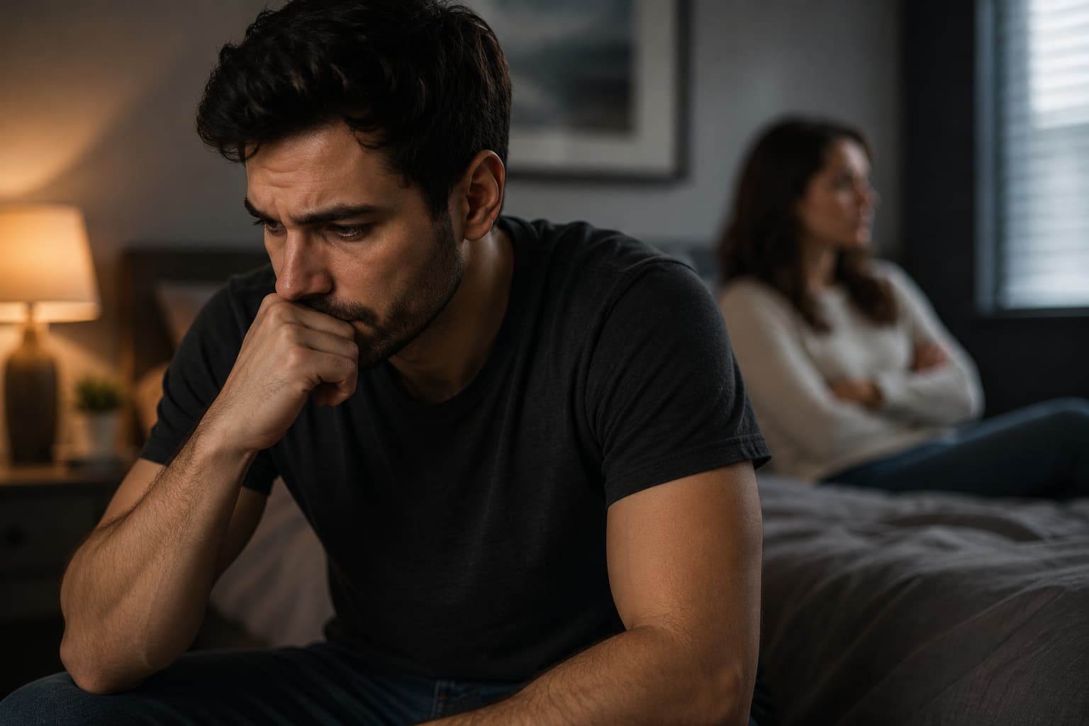 ein mann sitzt nachdenklich auf dem bett, hinter ihm sitzt eine frau