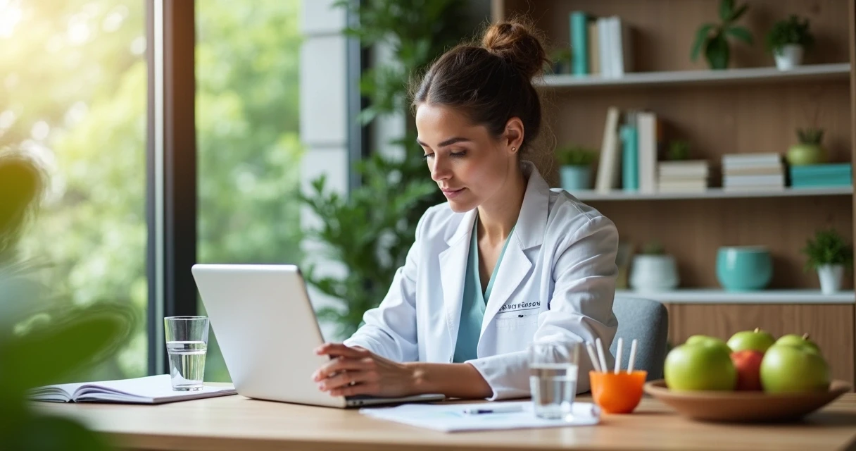 Nutricionista usando tablet em consultório moderno 