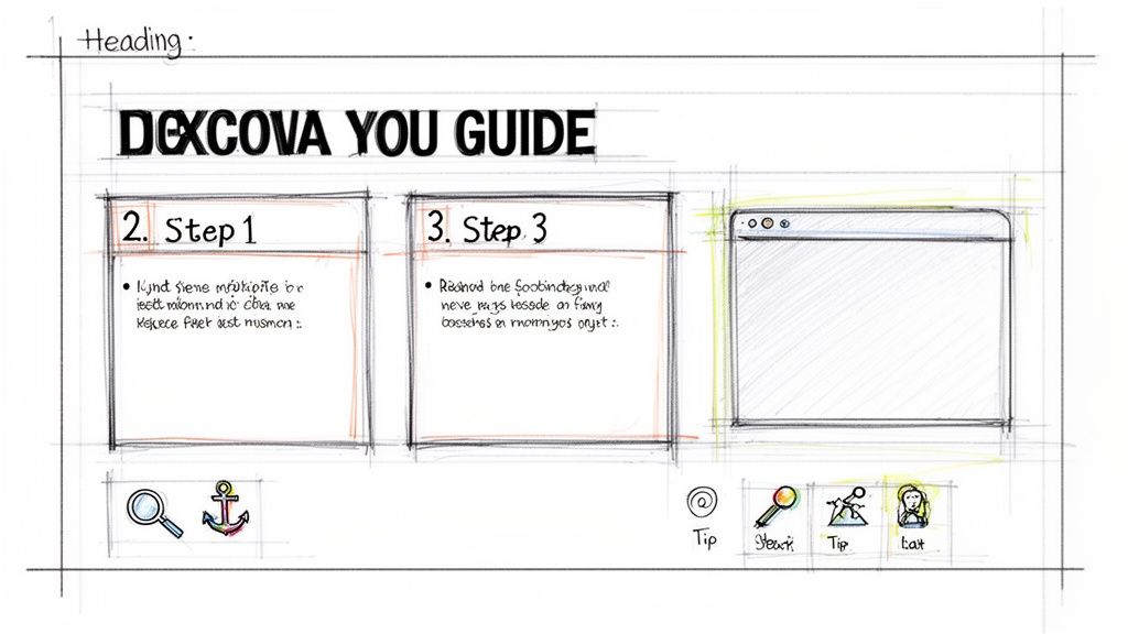 Hand-drawn sketch of a quick reference guide titled 'DEXCOVA YOU GUIDE' with steps, text, and icons.