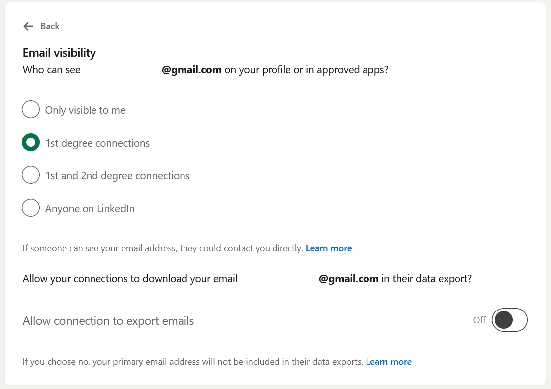 A screenshot showing LinkedIn's email visibility settings, with 1st degree connections selecfted and Allow connections to export emails set to OFF