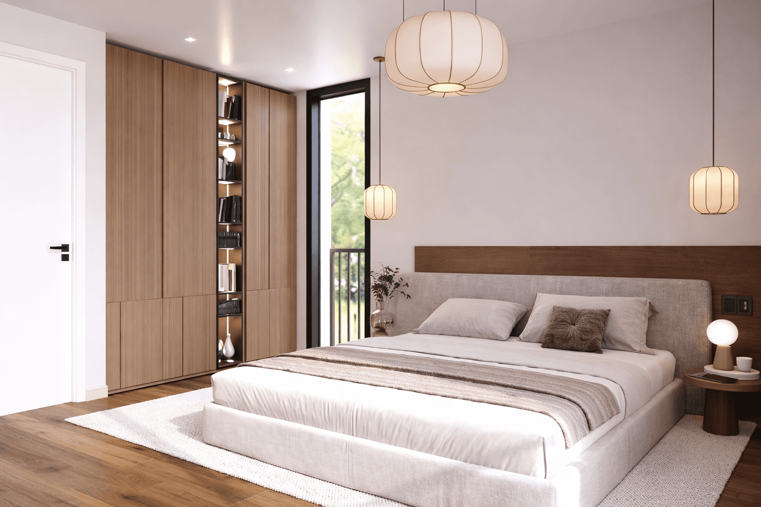 Interieur-Aufnahme eines gemütlichen Schlafzimmers. Visualisiert ein Doppelbett mit Polsterkopfteil, hochwertige Holz-Einbauschränke, warme Beleuchtung und ein bodentiefes Fenster.