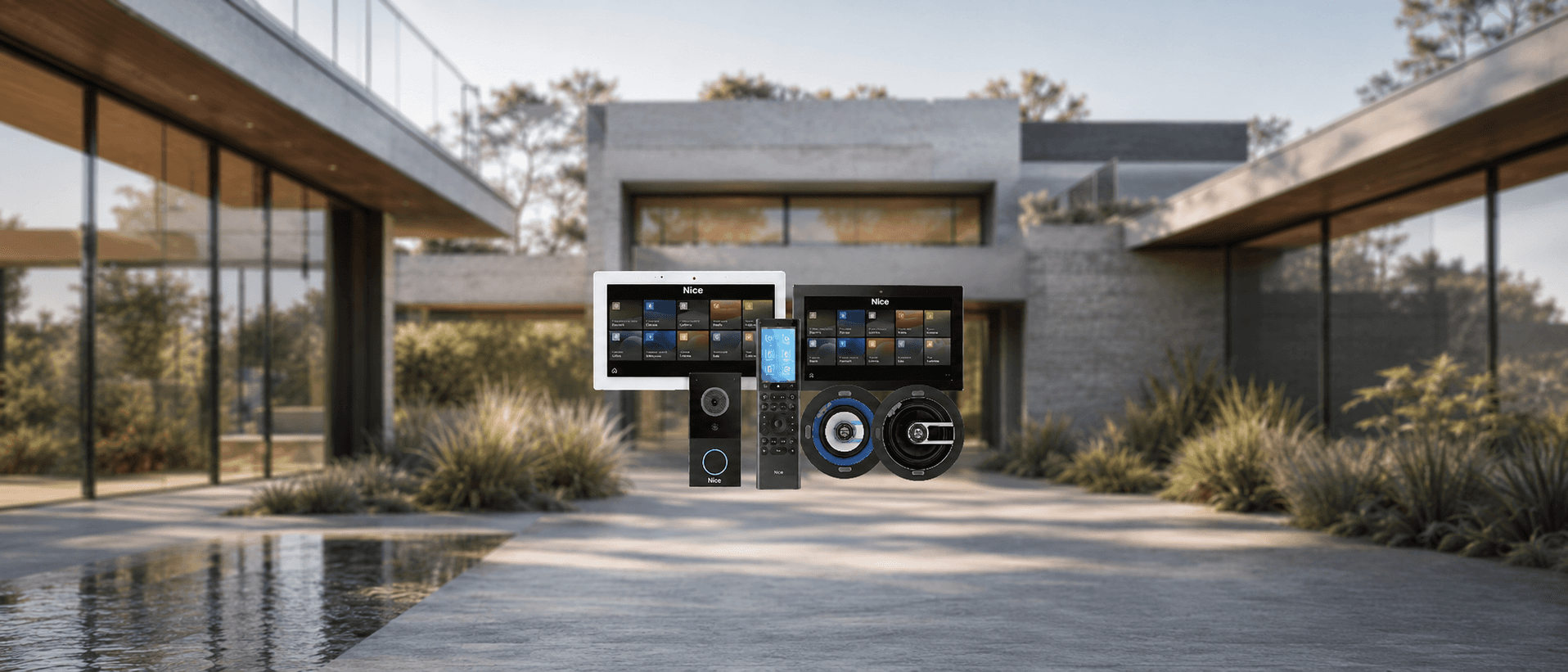Nice smart home devices displaying on tablets and a remote.