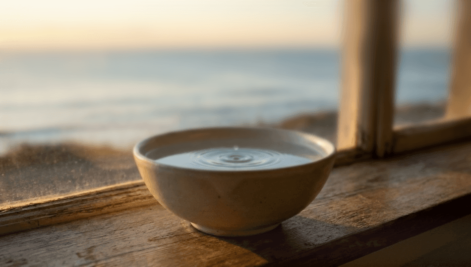 A photograph of a simple, elegant ceramic bowl filled with clear water, sitting on a wooden windowsill