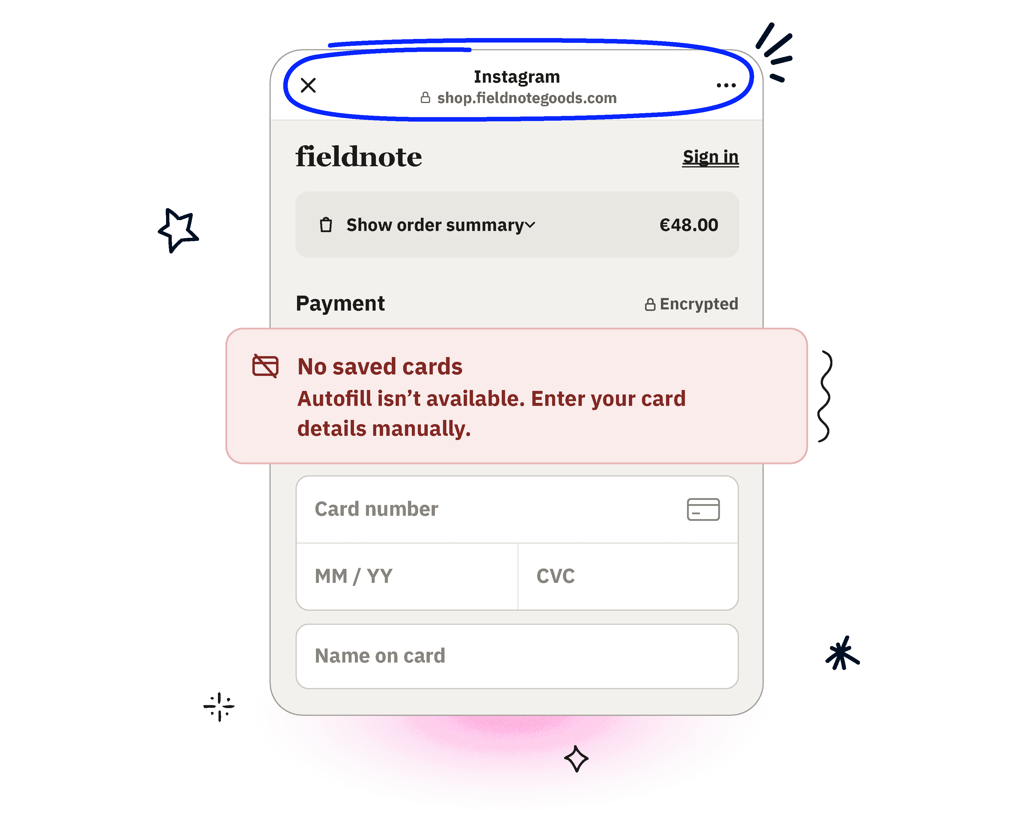A checkout page open inside Instagram's in-app browser, showing a signed-out state with no saved card details.