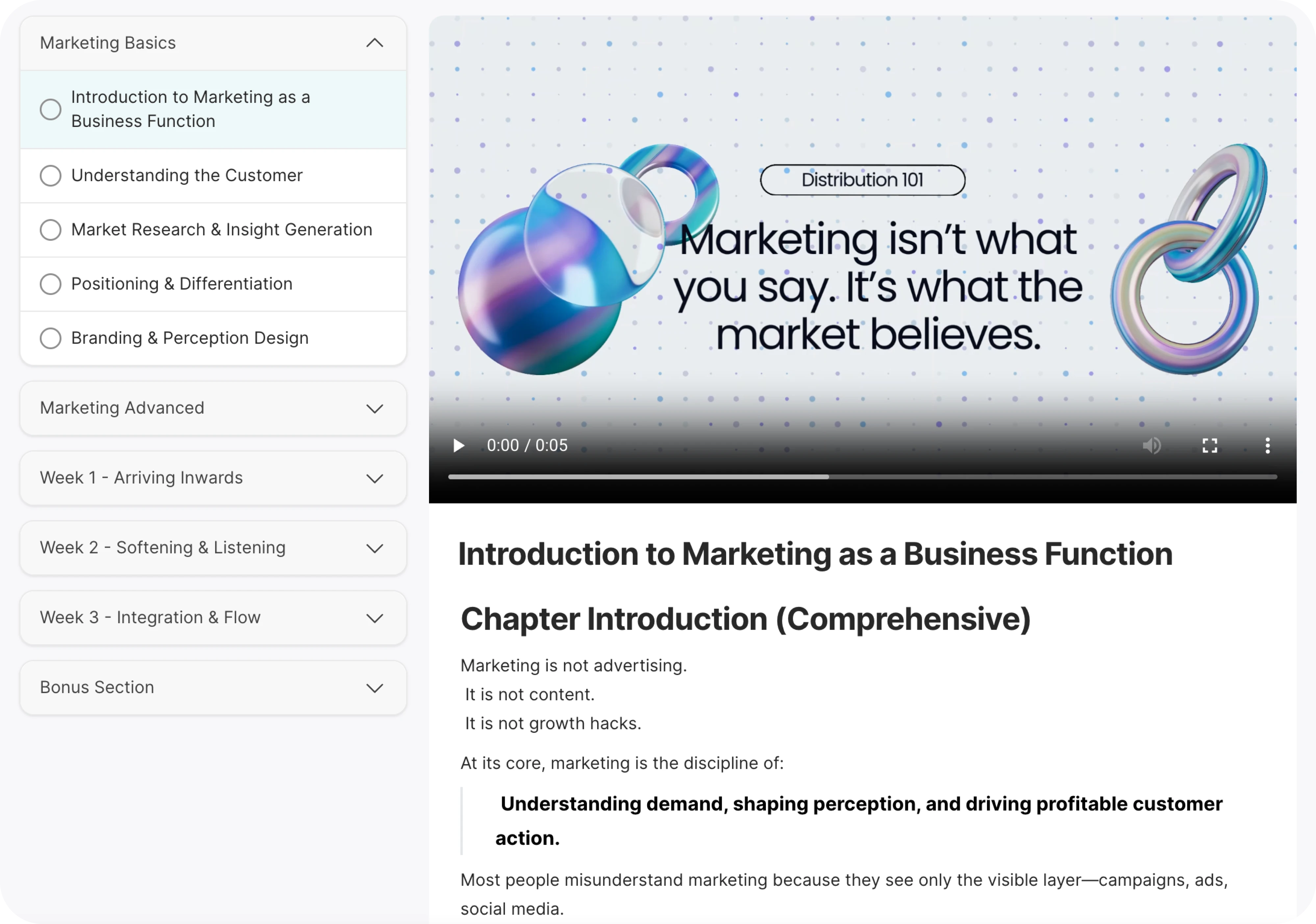 Learning community with structured course modules, video lessons, and chapters to deliver guided educational programs and track learner progress.
