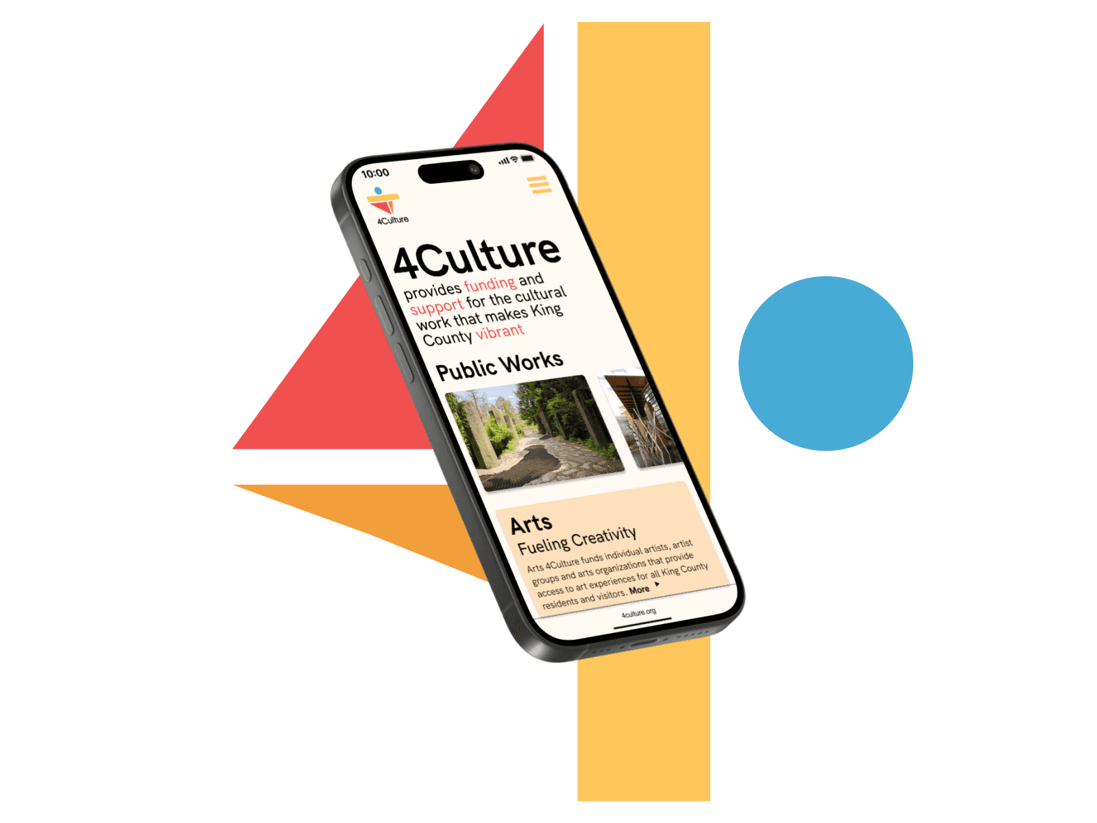 a colorful logo resembling a 4, with a phone in front displaying the 4Culture web homepage