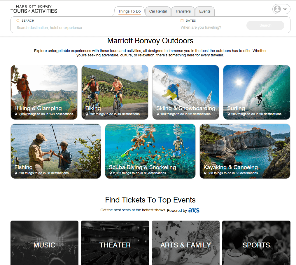 Marriott Bonvoy Tours & Activities "Marriott Bonvoy Outdoors" page offering outdoor adventure bookings across seven categories: Hiking & Glamping (2,059 things to do in 143 destinations), Biking (392 things, 49 destinations), Skiing & Snowboarding (108 things, 22 destinations), Surfing (285 things, 38 destinations), Fishing (610 things, 68 destinations), Scuba Diving & Snorkeling (2,333 things, 88 destinations), Kayaking & Canoeing (380 things, 50 destinations); plus "Find Tickets to Top Events" powered by AXS spanning Music, Theater, Arts & Family, and Sports — illustrating Marriott's deep expansion into experiential and event-based loyalty earning beyond accommodation